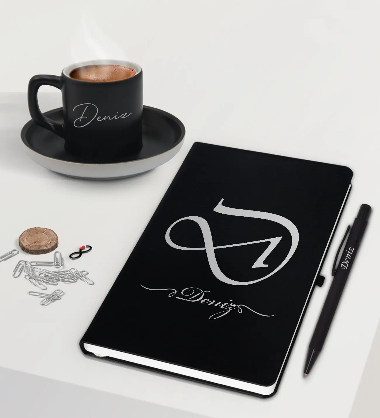 BK Gift Kişiye Özel İsimli Siyah Defter Kalem ve Türk Kahvesi Fincanı Hediye Seti-2, Arkadaşa Hediye, Sevgiliye Hediye, Yeni İş Hediyesi