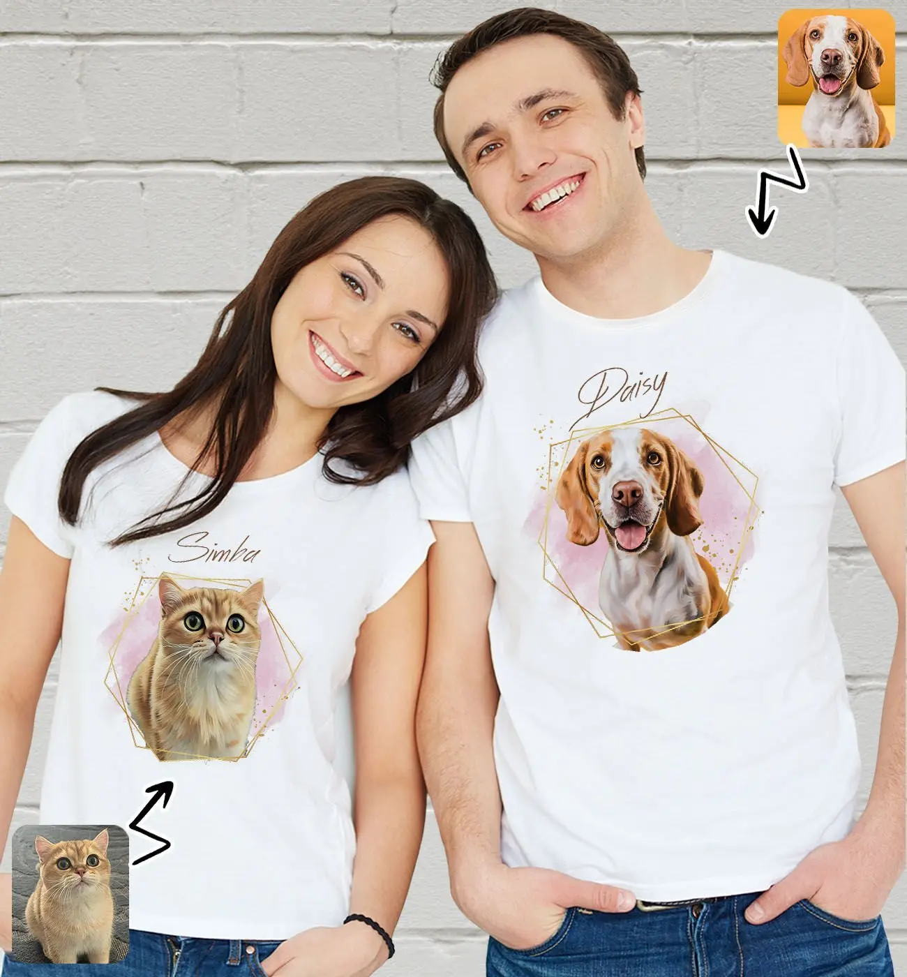 BK Gift Kişiye Özel İki Evcil Hayvan Tasarımlı Beyaz Tişört-2, Sevgiliye Hediye, Arkadaşa Hediye, Trend T-Shirt