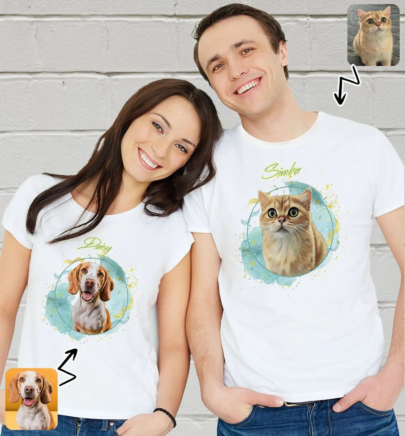 BK Gift Kişiye Özel İki Evcil Hayvan Tasarımlı Beyaz Tişört-1, Sevgiliye Hediye, Arkadaşa Hediye, Trend T-Shirt