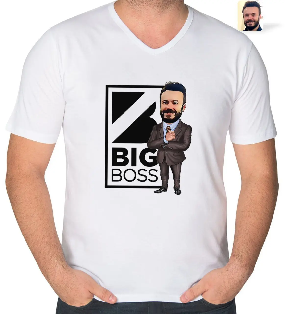 Kişiye Özel Erkek Big Boss Karikatürlü V Yaka Tişört-1