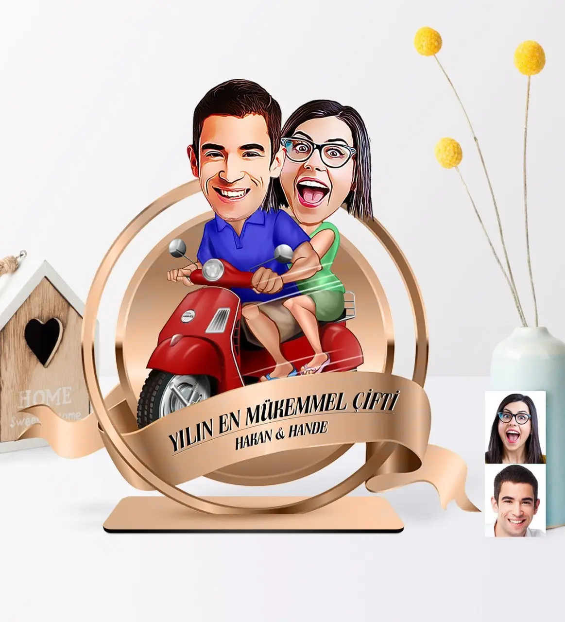 Kişiye Özel Yılın En Mükemmel Çifti Karikatürlü 3D Ahşap Biblo Plaket - 10