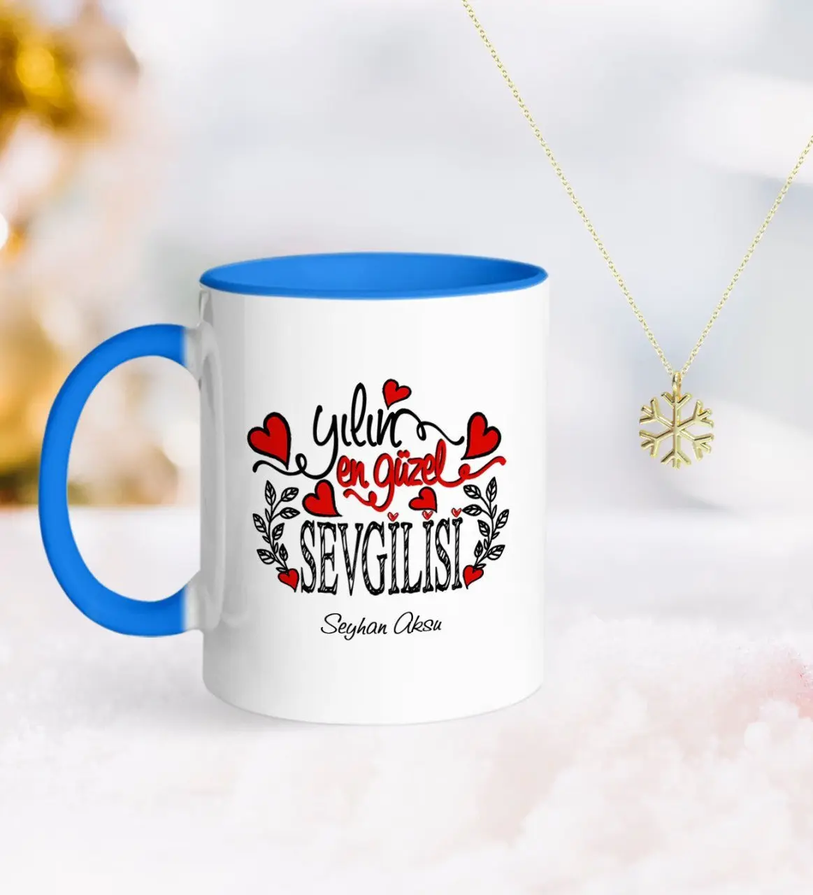 Kişiye Özel Yılın En Güzel Sevgilisi Mavi Kupa ve Kar Tanesi Kolye