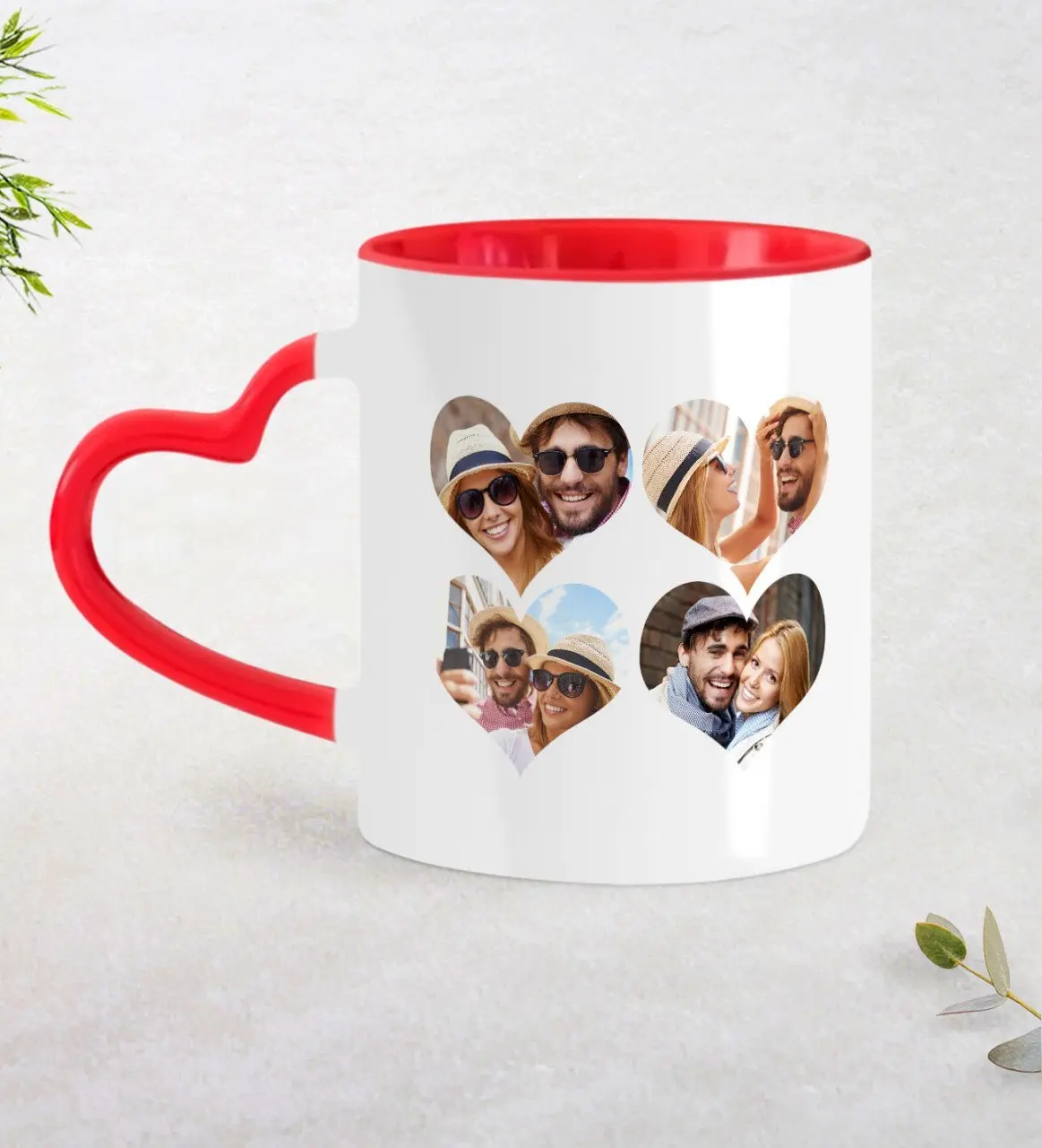 Kişiye Özel Kalpli 4 Fotoğraflı Kırmızı Kalpli Kupa Bardak-2