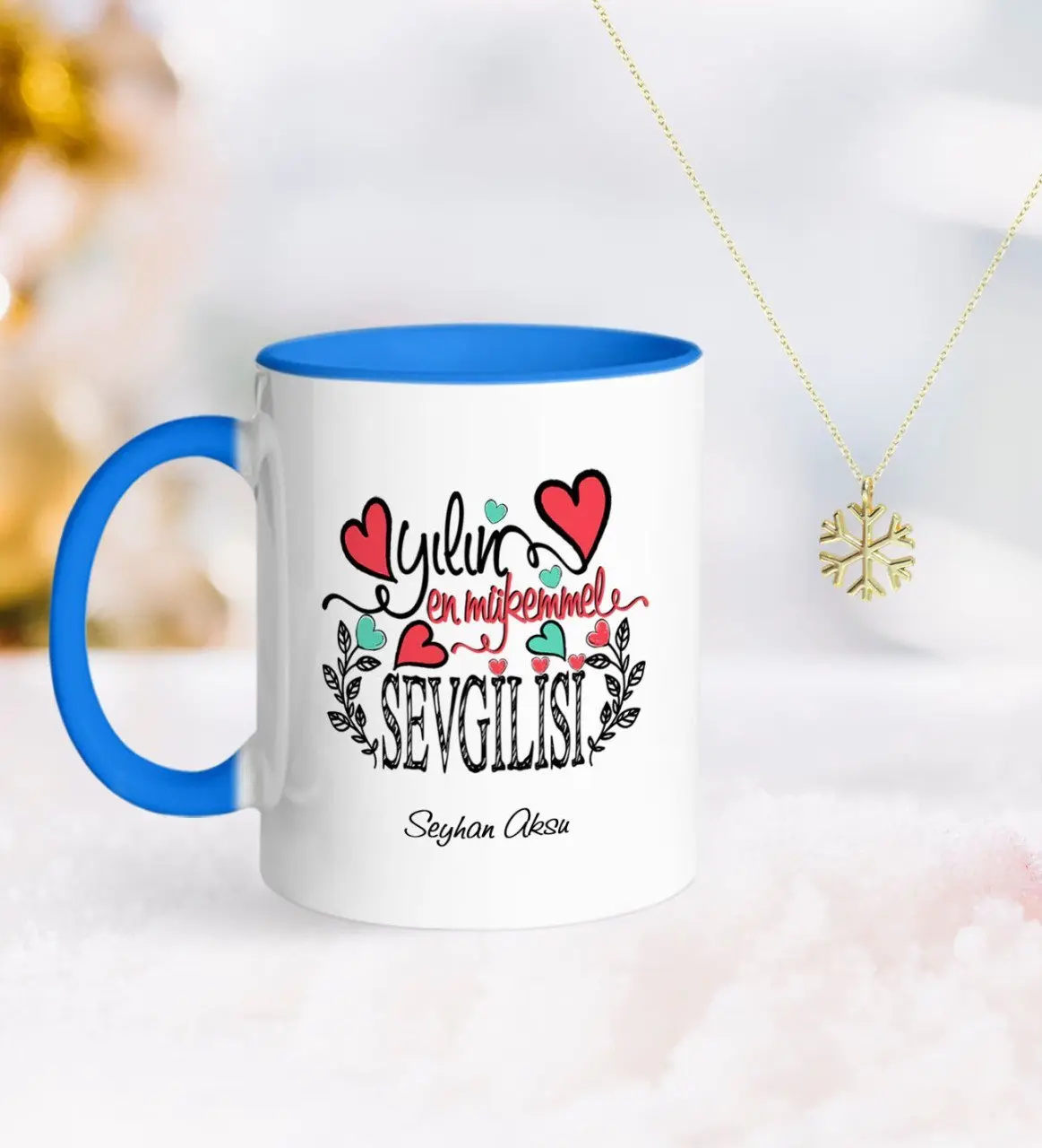 Kişiye Özel Yılın En Mükemmel Sevgilisi Mavi Kupa ve Kar Tanesi Kolye