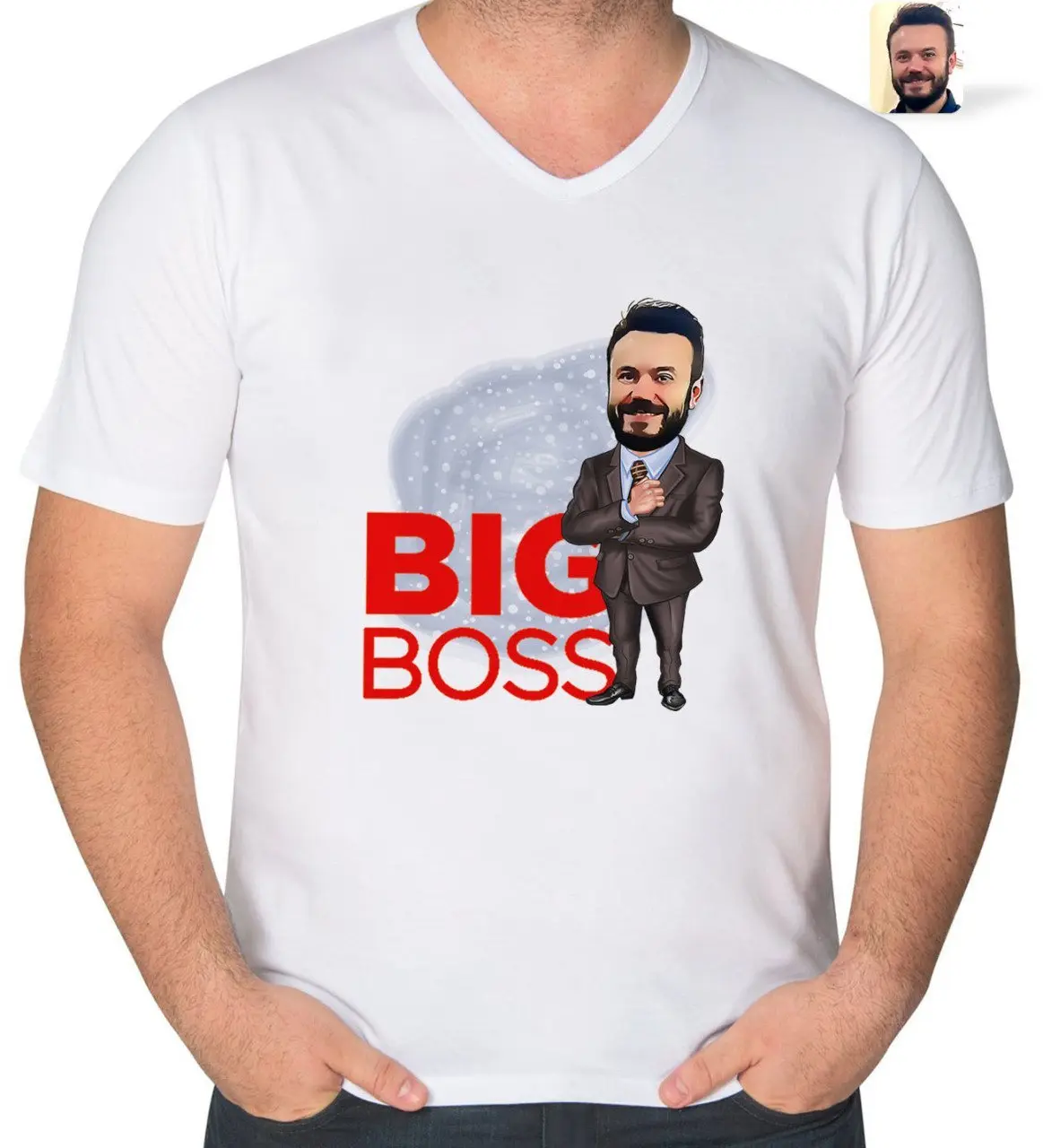 Kişiye Özel Erkek Big Boss Karikatürlü V Yaka Tişört-2