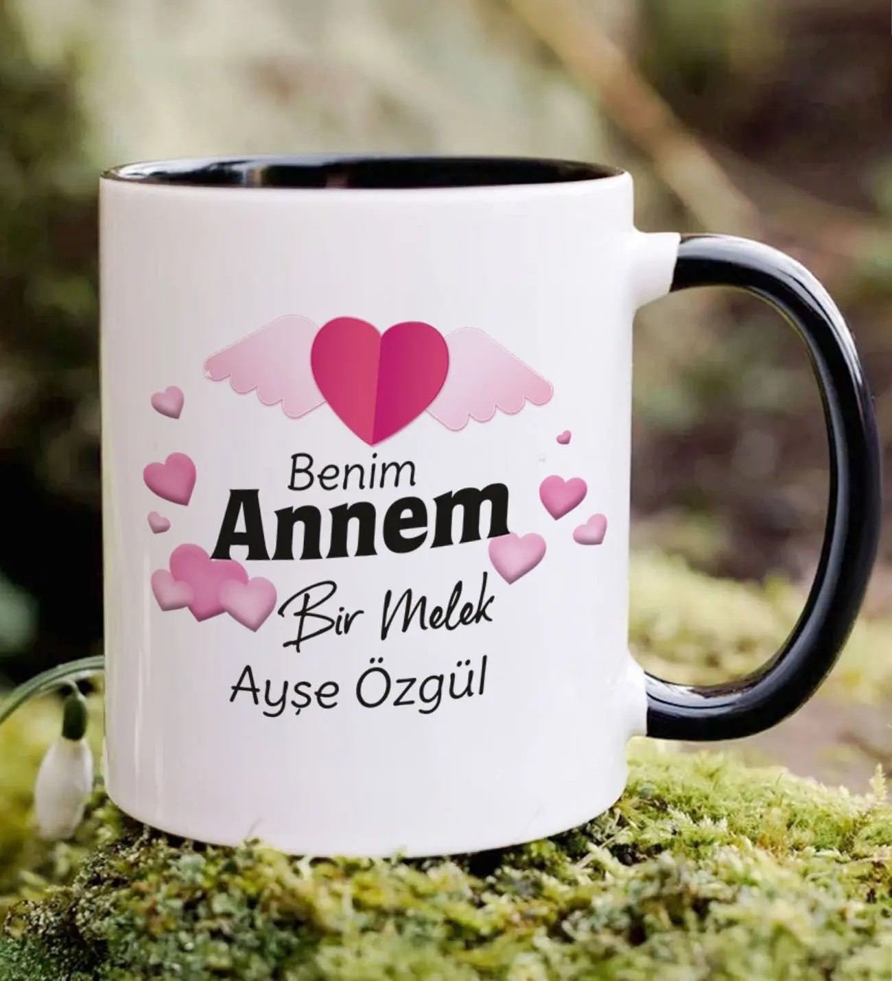 BK Gift Kişiye Özel Benim Annem Bir Melek Tasarımlı Siyah Kupa Bardak, Doğum Günü Hediyesi