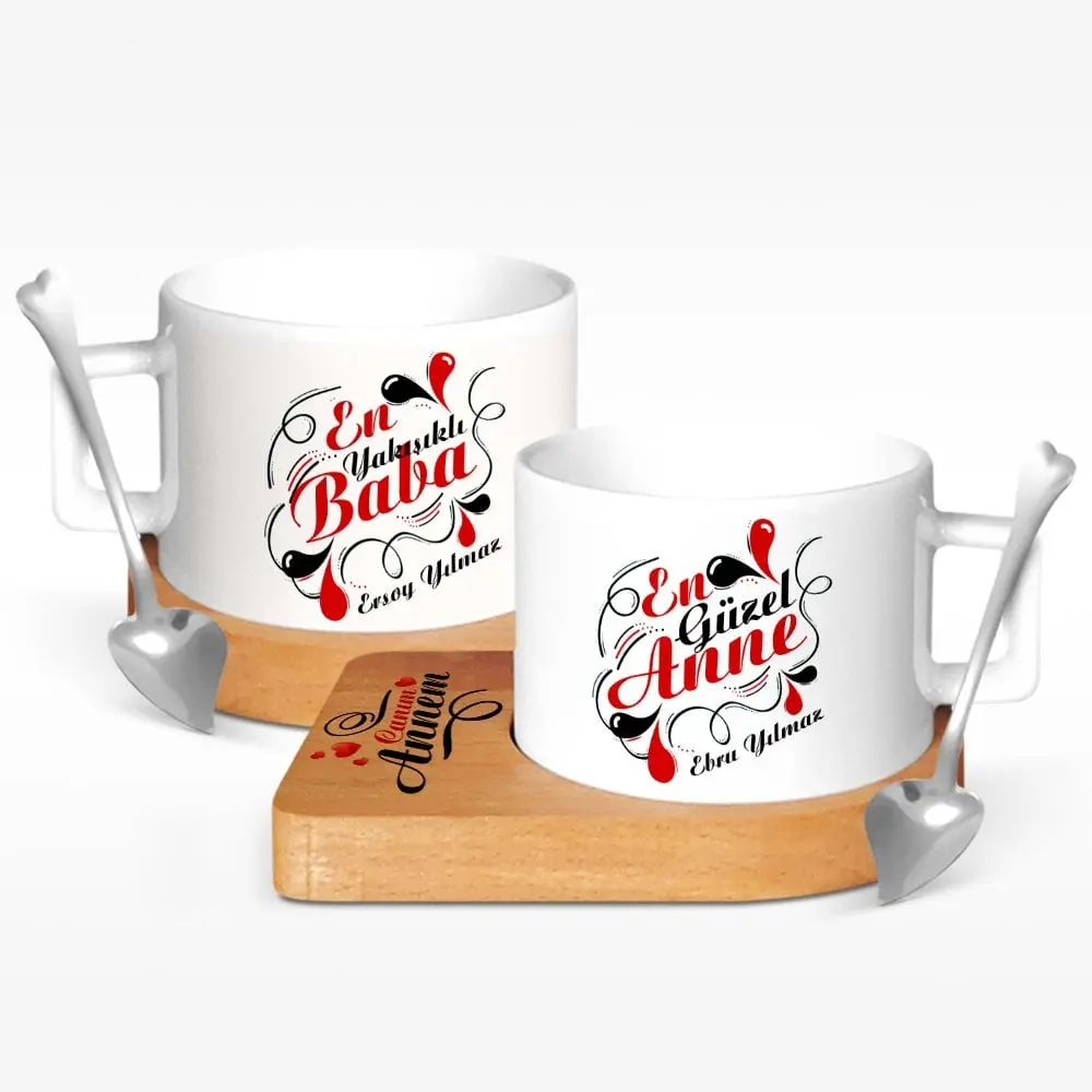 Kişiye Özel İkili Anne & Baba Ahşap Altlıklı Seramik Fincan - 6