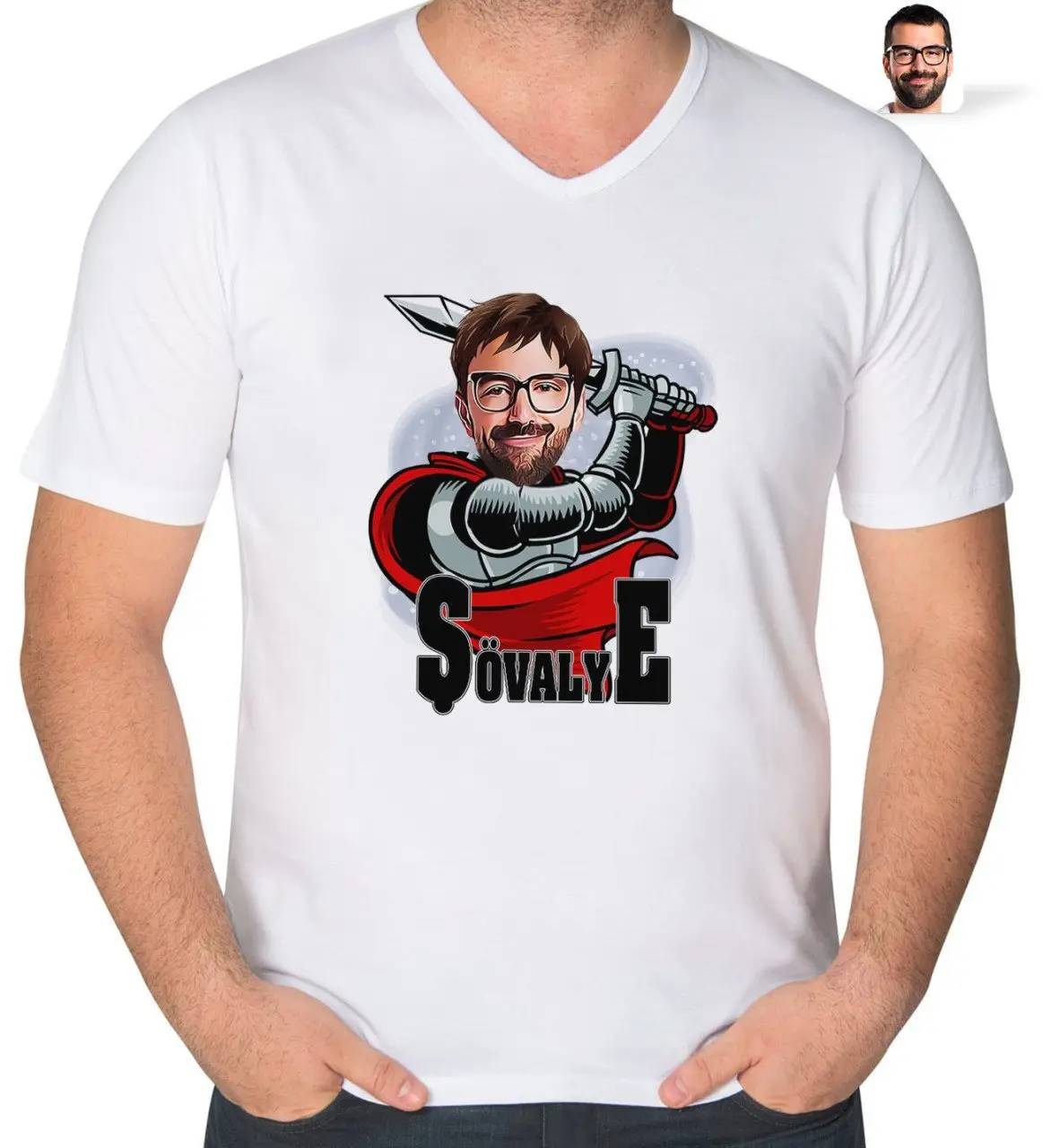 Kişiye Özel Şövalye Karikatürlü V Yaka Tişört-1