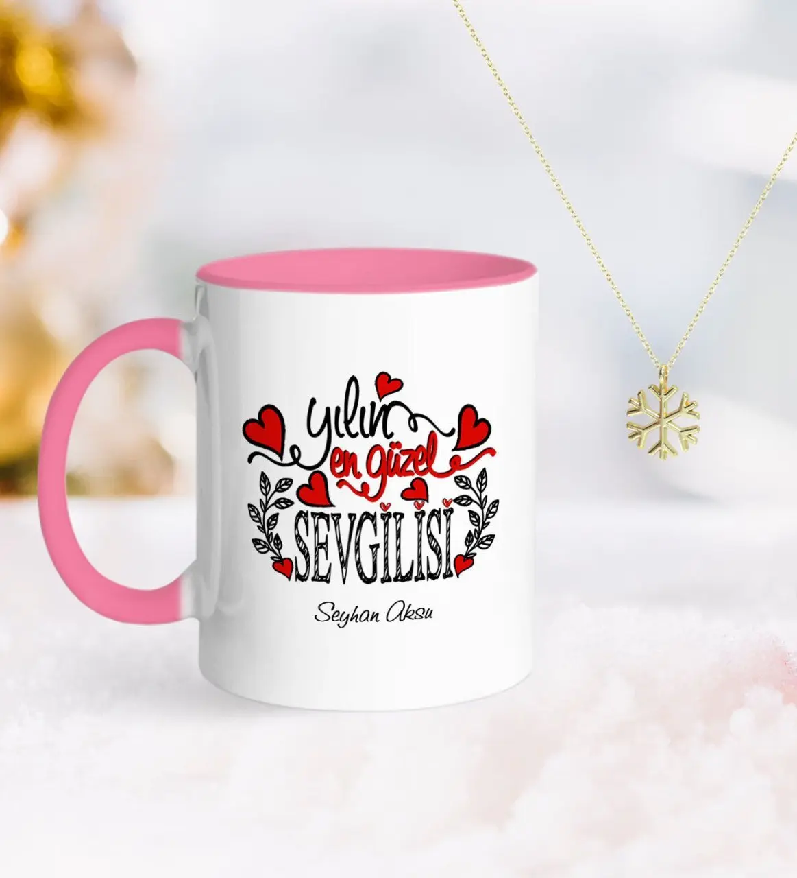 Kişiye Özel Yılın En Güzel Sevgilisi Pembe Kupa ve Kar Tanesi Kolye