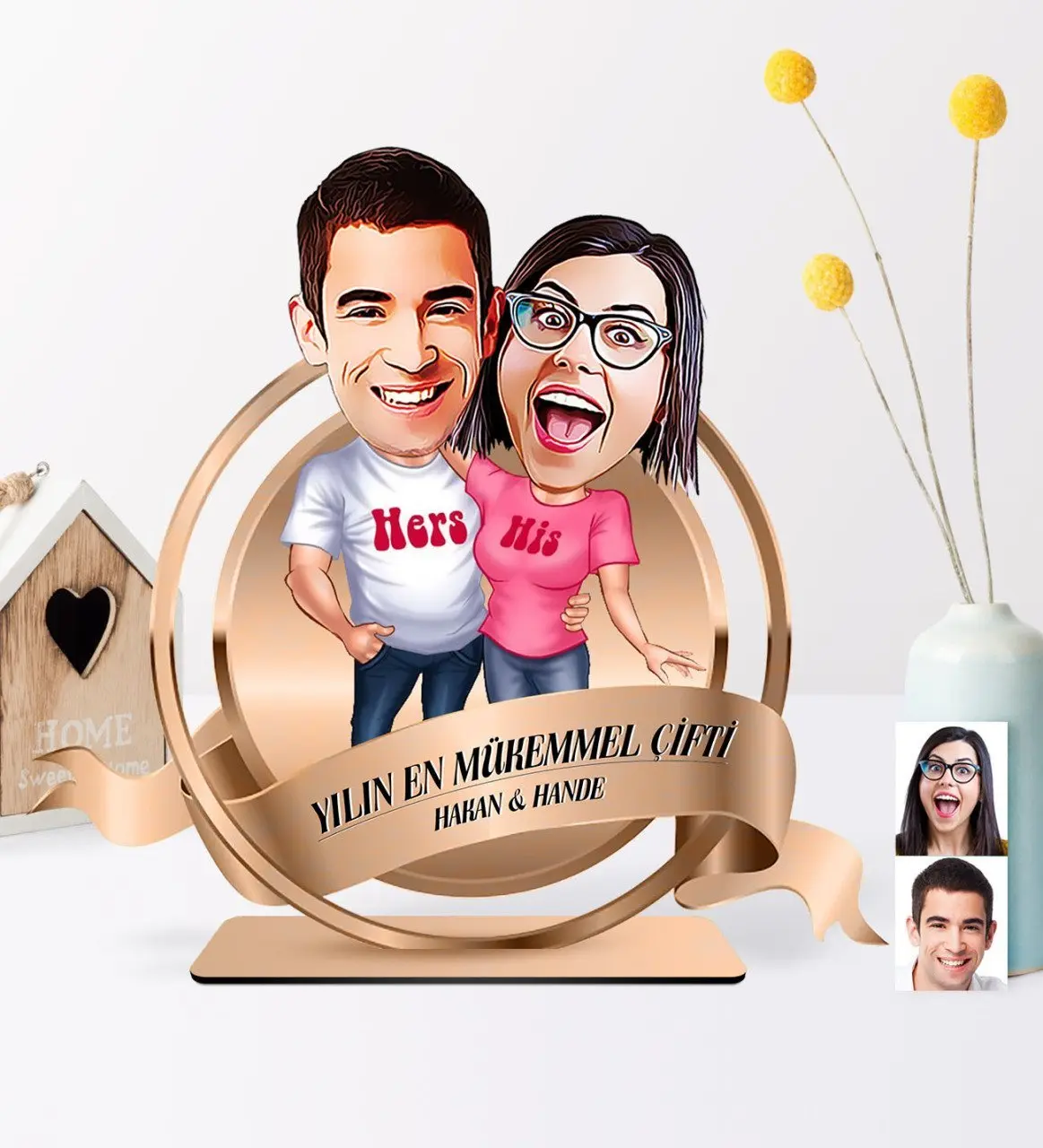 Kişiye Özel Yılın En Mükemmel Çifti Karikatürlü Ahşap Biblo Plaket - 5