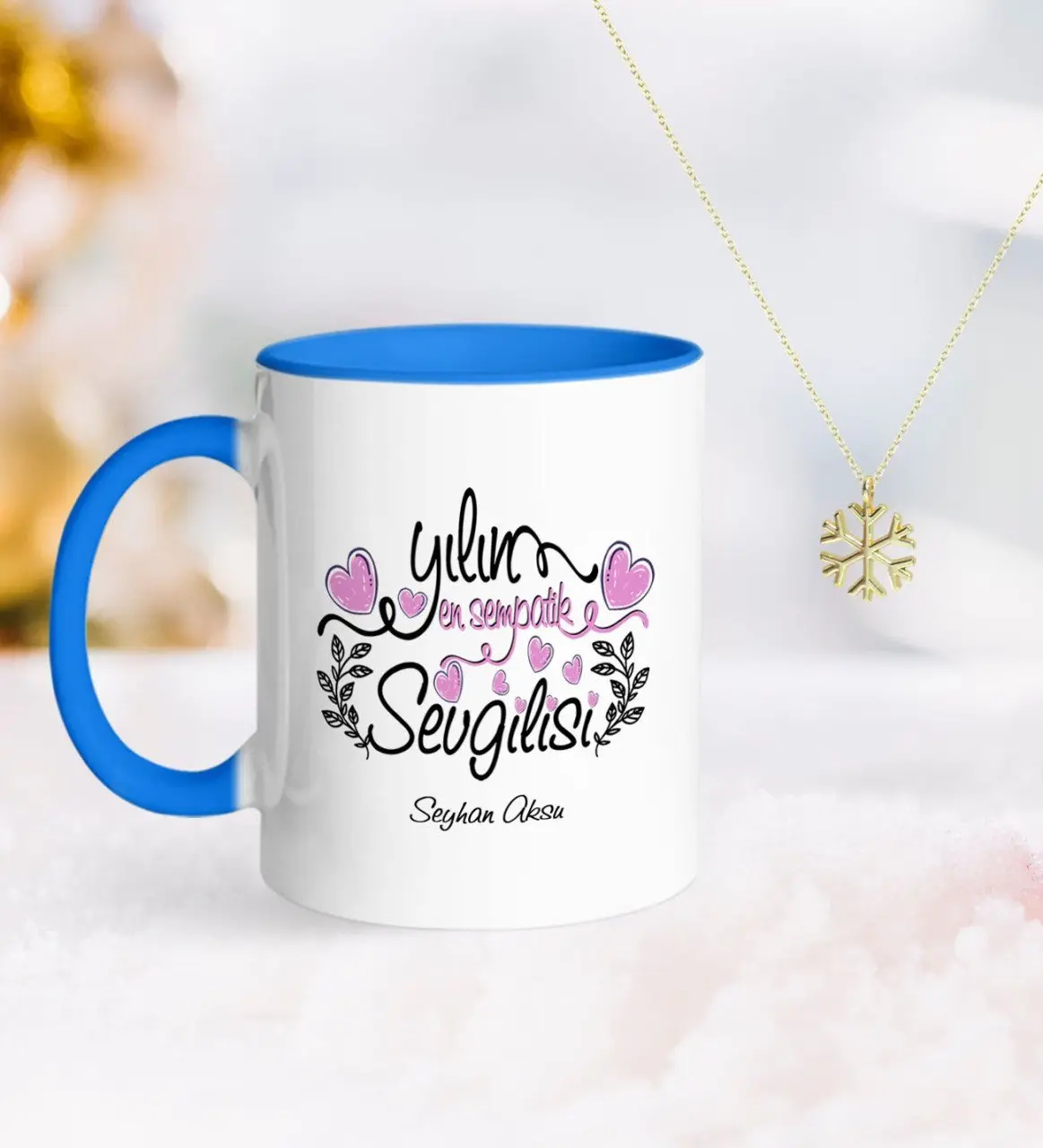 Kişiye Özel Yılın En Sempatik Sevgilisi Mavi Kupa ve Kar Tanesi Kolye
