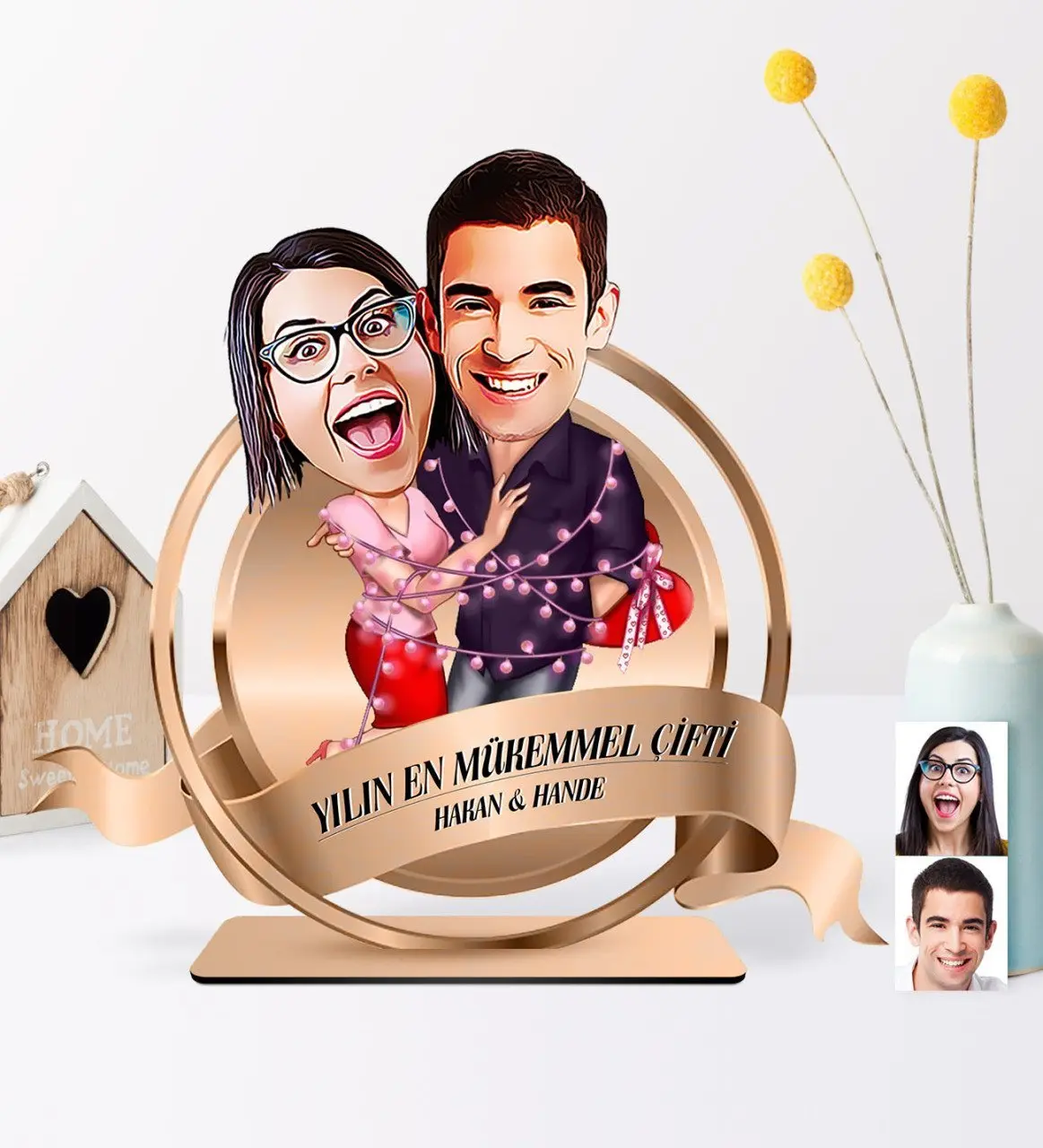 Kişiye Özel Yılın En Mükemmel Çifti Karikatürlü Ahşap Biblo Plaket - 2