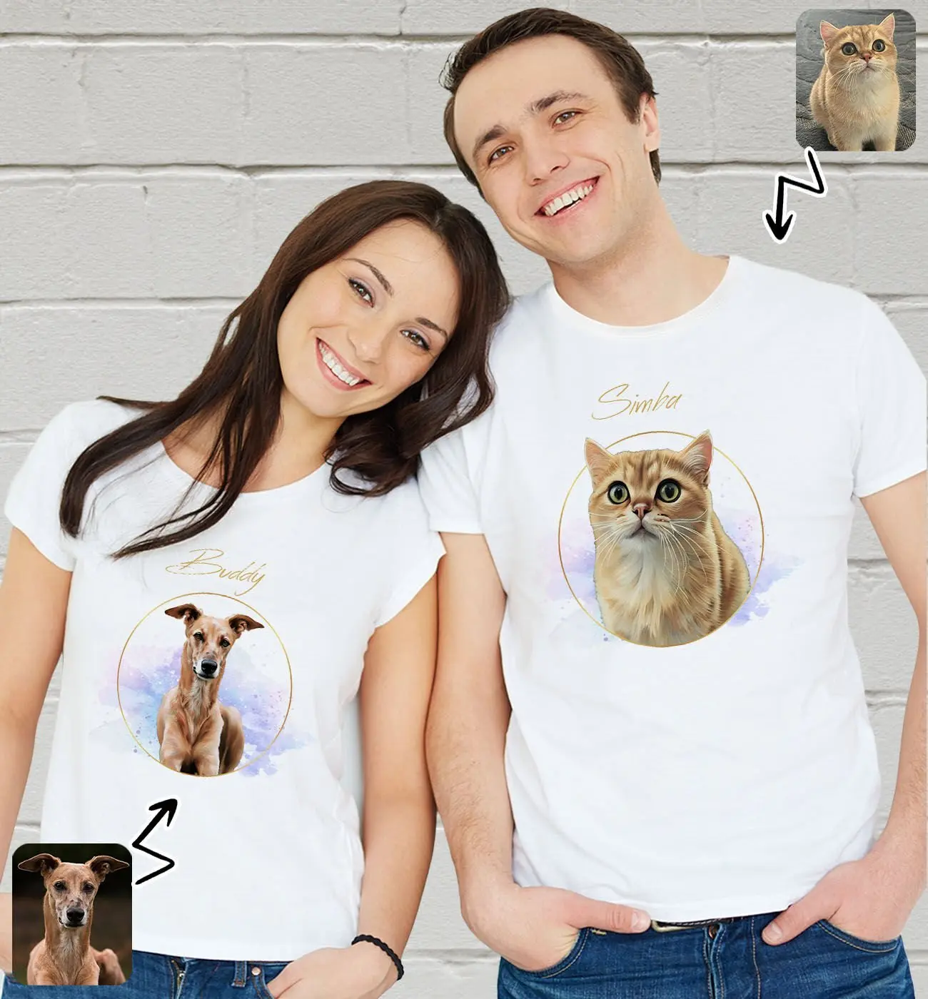 BK Gift Kişiye Özel İki Evcil Hayvan Tasarımlı Beyaz Tişört-3, Sevgiliye Hediye, Arkadaşa Hediye, Trend T-Shirt