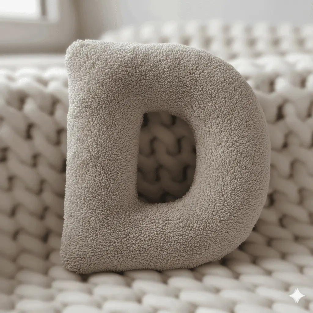 Litera, D Harfi, Yastık, Kırlent, Elyaf Dolgulu, Welsoft Kumaş, 40 Cm