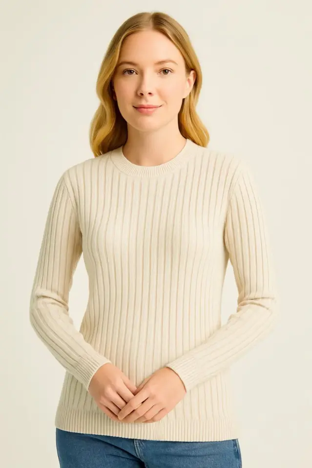 Bisiklet Yuvarlak Yaka Triko Kazak Pamuklu Kalın Fitilli Dokuma, Regular Fit Uzun Kollu Kışlık Model - Bej