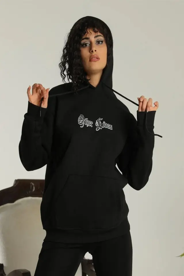 Oversize Üç İplik Kapüşonlu Sweatshirt – Siyah “Other Lives” Ön Ve Arka Baskılı, Şardonlu Kışlık, Rahat Günlük Model Siiyah