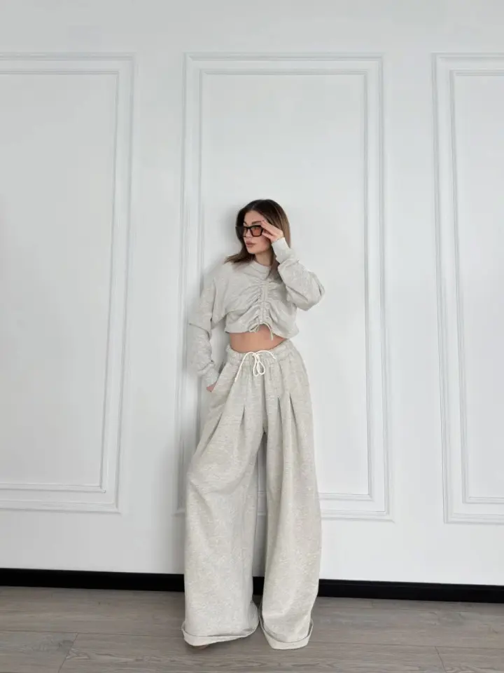 Uzun Kollu Önü İp Büzgülü  Crop Ve Pantolon İkili Takım - Gri