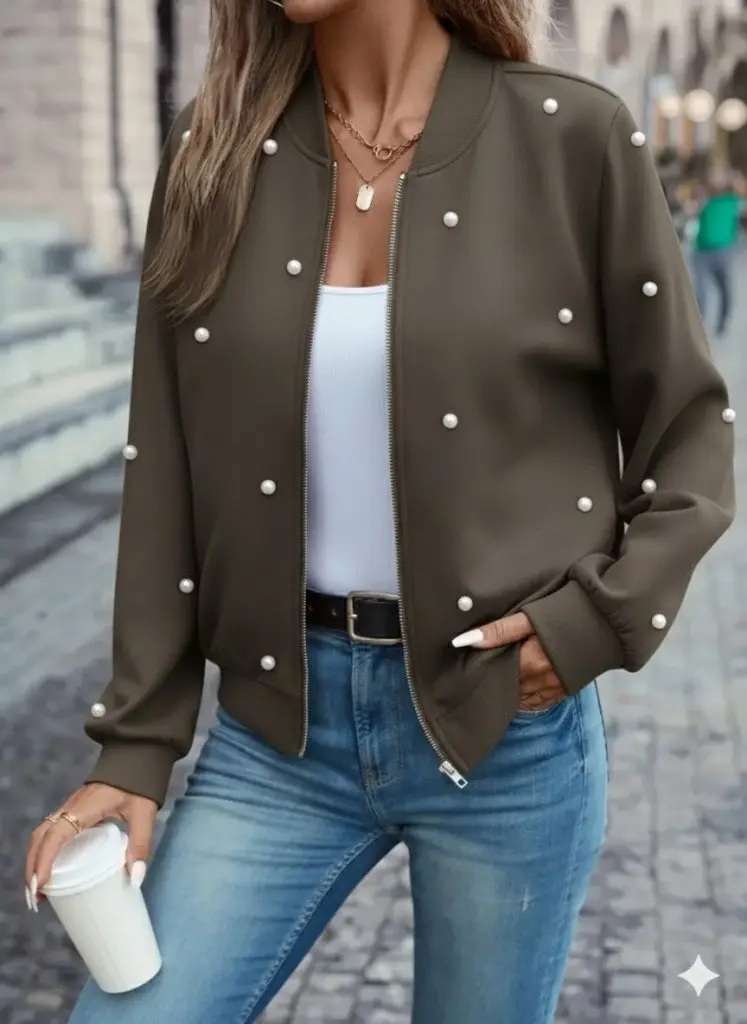 Kadın Uzun Kollu önden Fermuarlı Incili Kısa Modal Ceket