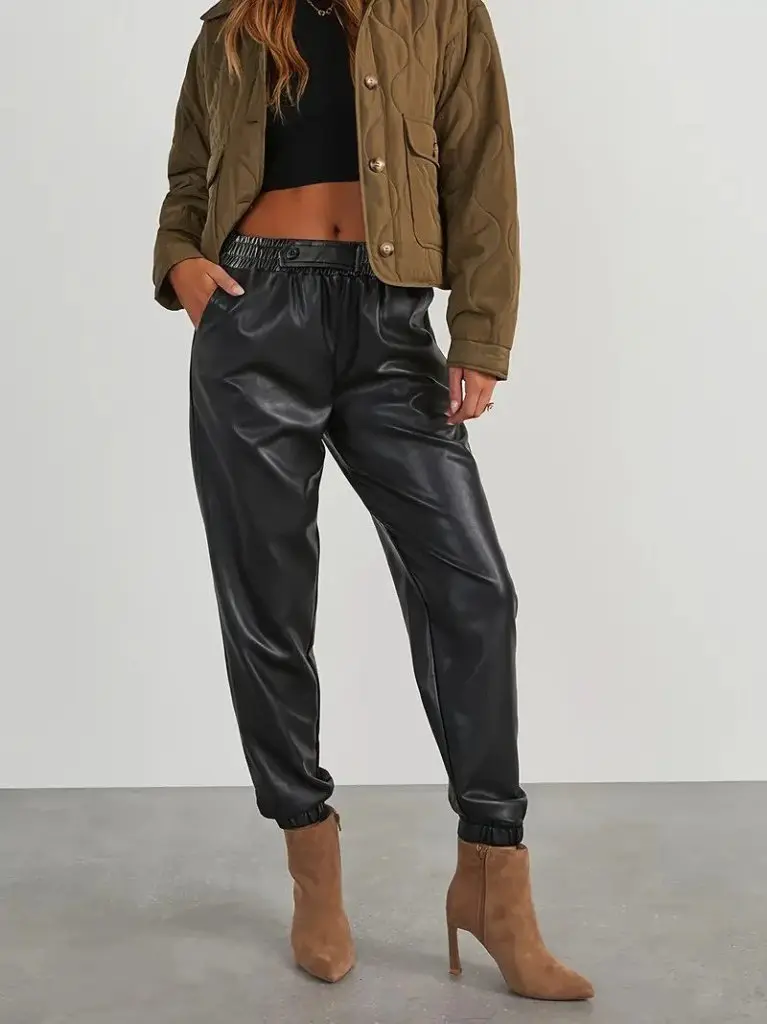 Kadın Yüksek Bel Lastikli önü Düğmeli Deri Pantolon