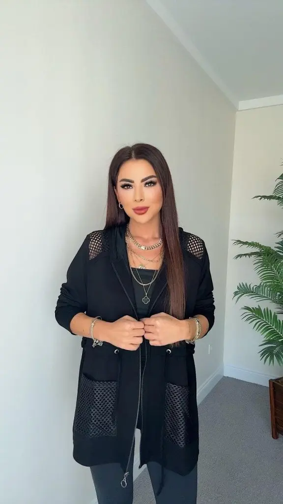 Kadın Uzun Kollu önü Fermuarlı File Detaylı Belden Bağcıklı Kısa Modal Ceket