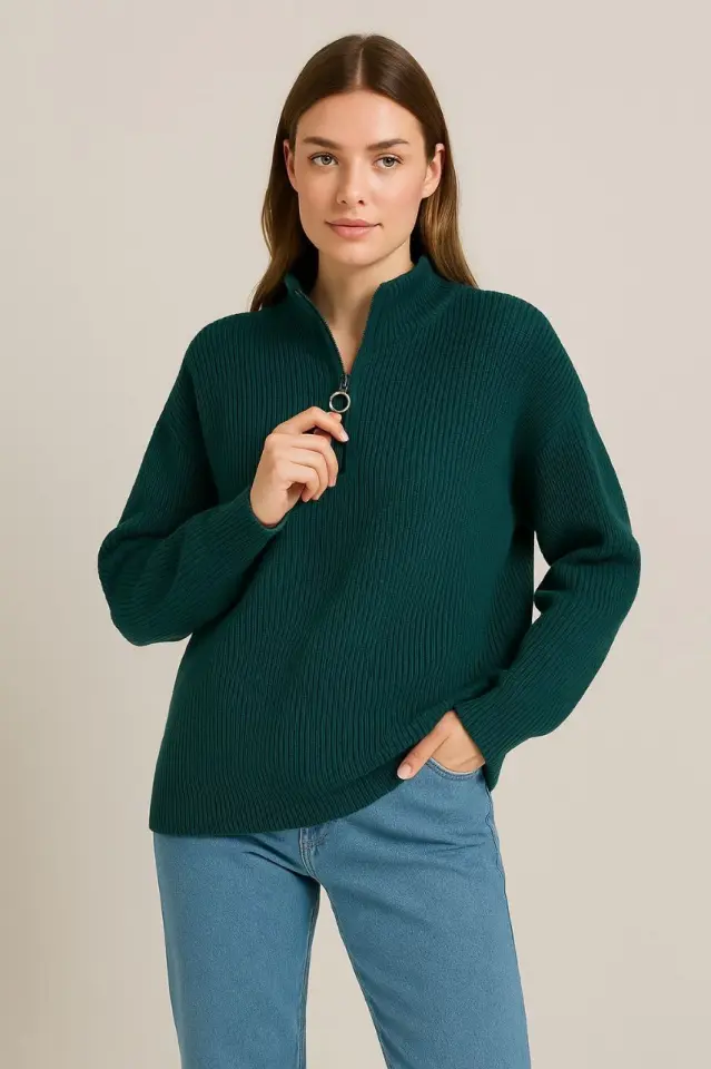 KADIN Yarım Fermuarlı Triko Kazak – Selanik Örgü, Dik Yaka, Pamuklu Dokuma, Oversize Uzun Kollu Kışlık Model - Haki