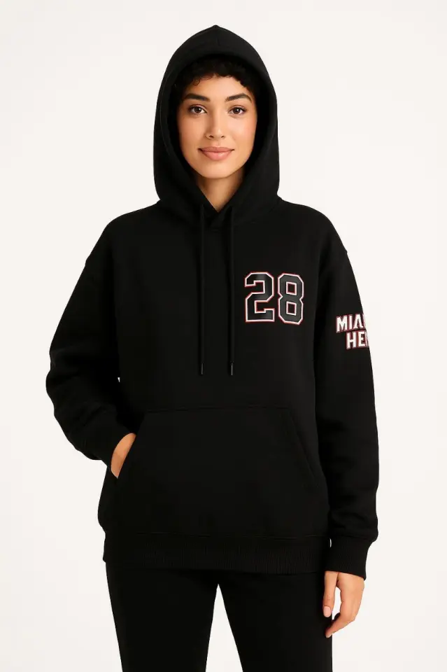 Üç İplik Kapüşonlu Ön Ve Arka Baskılı SweatShirt Hoodie - Siyah