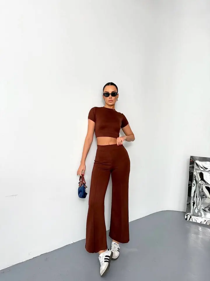 Osy Modal Yumuşak Dokulu Kumaş Kısa Kollu Crop Alt Ispanyol Paça Pantalon Ikili Takım - Kahverengi