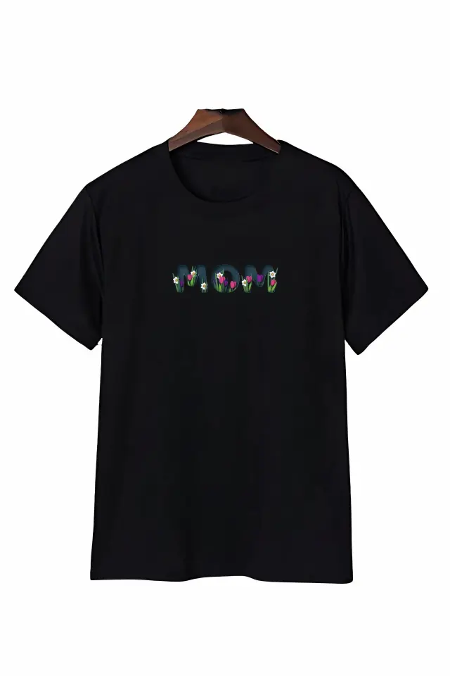 Anneler Gününe Özel Tasarım Mom Çiçek Baskılı T-shirt - Siyah