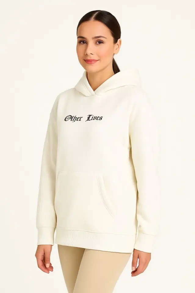 Üç İplik Kapşonlu ön Ve Arka Baskılı SweatShirt Hoodie- Beyaz