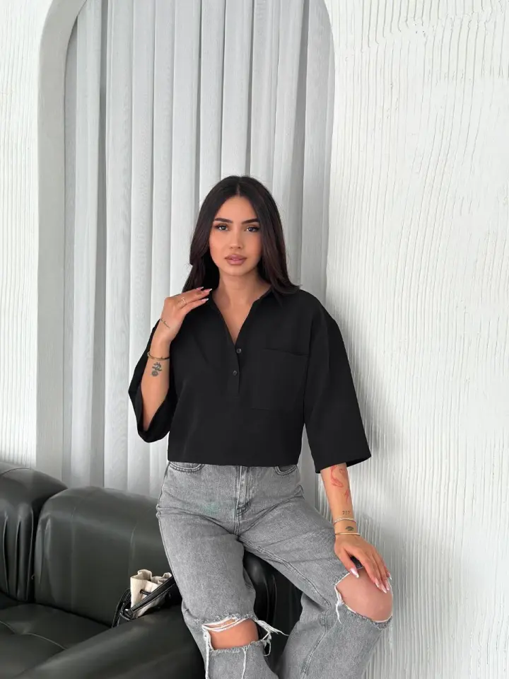 Crop Yakalı Gömlek Üç Çeyrek Sleeve Kol - Siyah