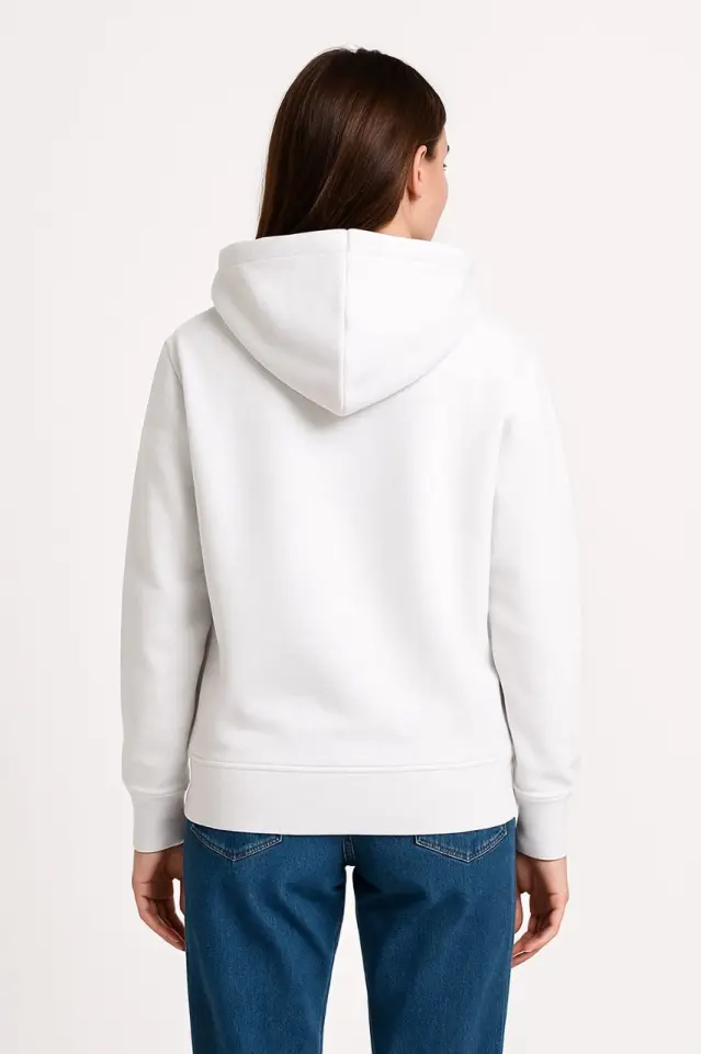 Üç İplik Kapüşonlu Kanguru Çepli SweatShirt Hoodie - Beyaz