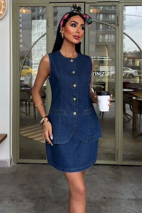 Kolsuz Yelekli Mini Etekli Denim Takım 10164