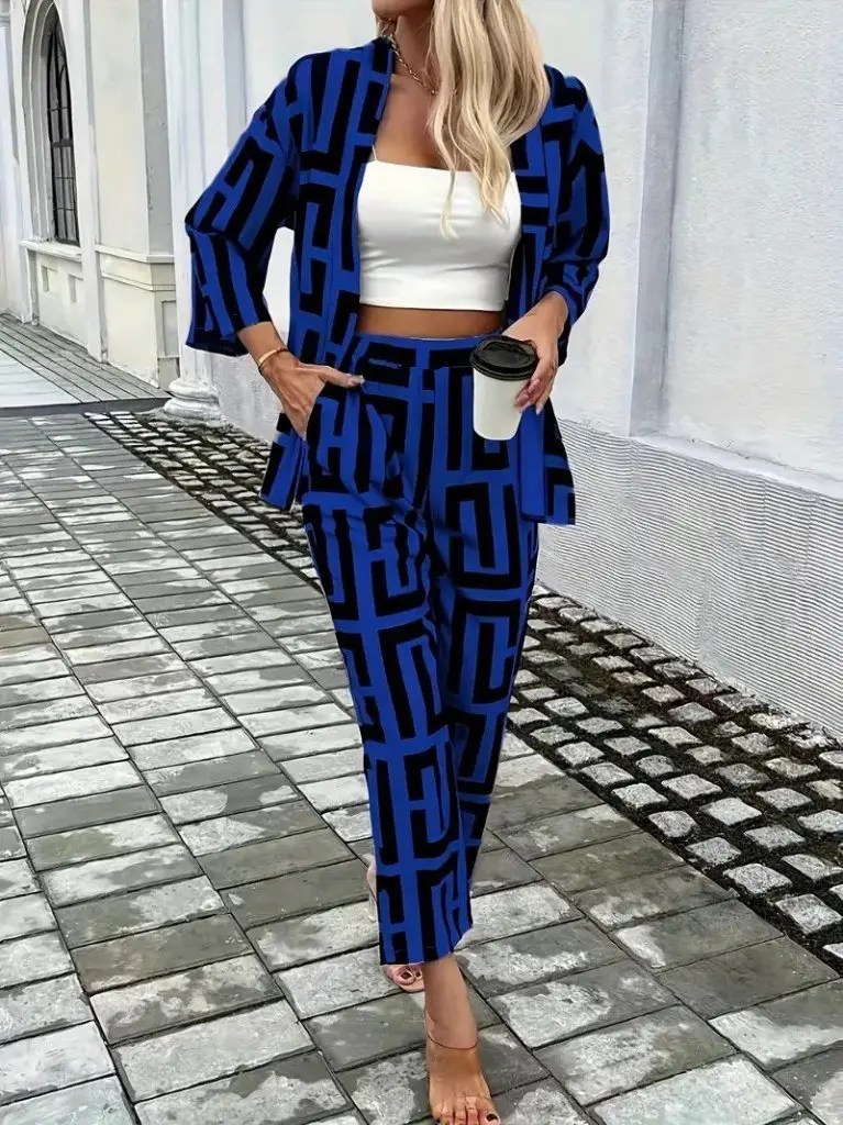 Kadın Uzun Kollu önü Açık Desenli Iki Iplik Ceket Ve Pantolon Ikili Takım