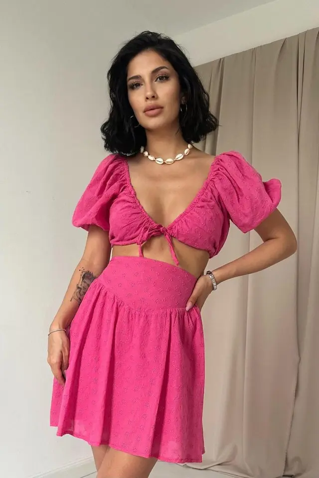 Fuşya Brode Crop Ve Mini Etek Takım