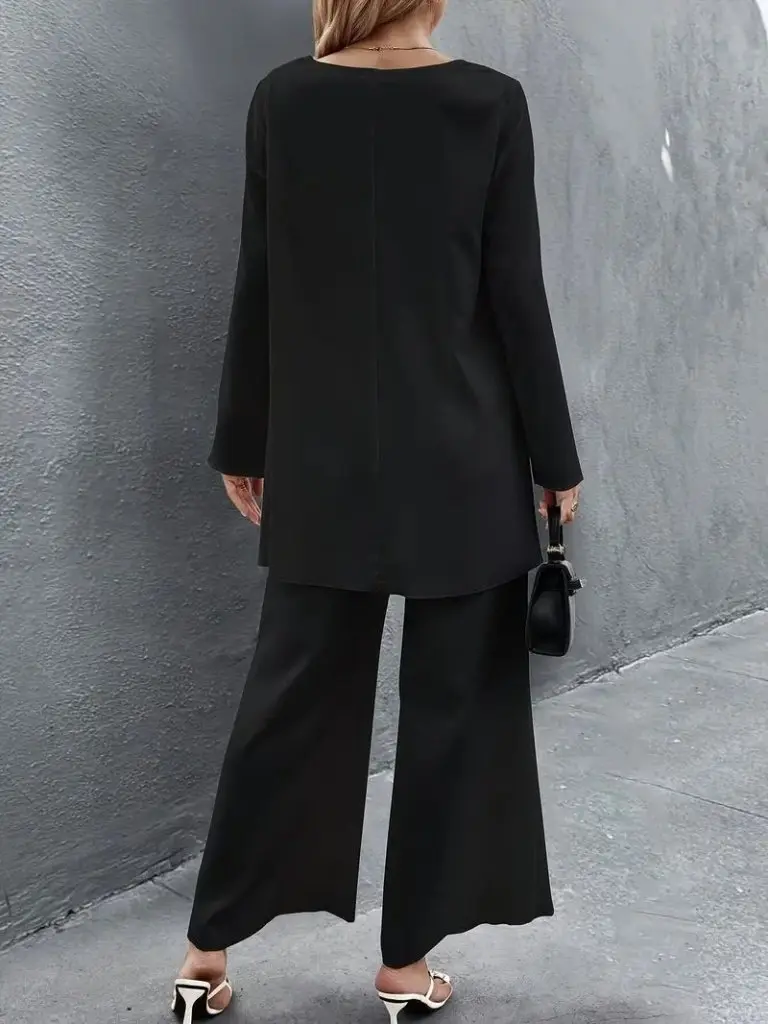 Kadın Uzun Kollu Asimetrik Detaylı Salaş Sandy Bluz Ve Pantolon Ikili Takım