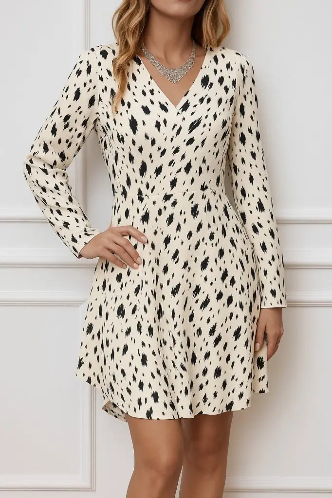 Kadın Uzun Kollu V Yakalı Desenli Kısa Keten Elbise