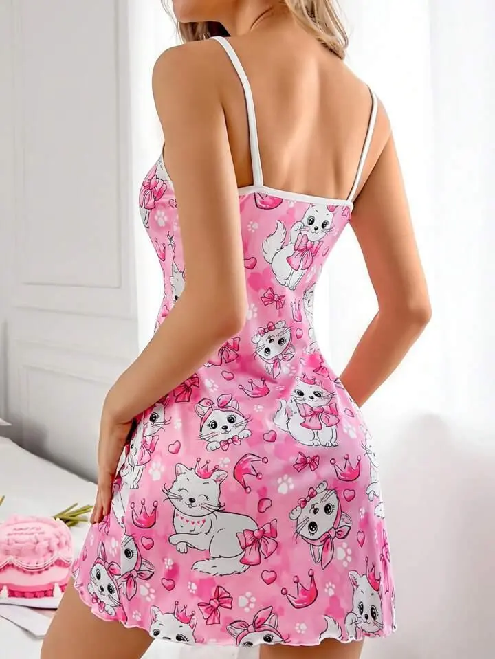 Kadın pembe kedi desenli gecelik