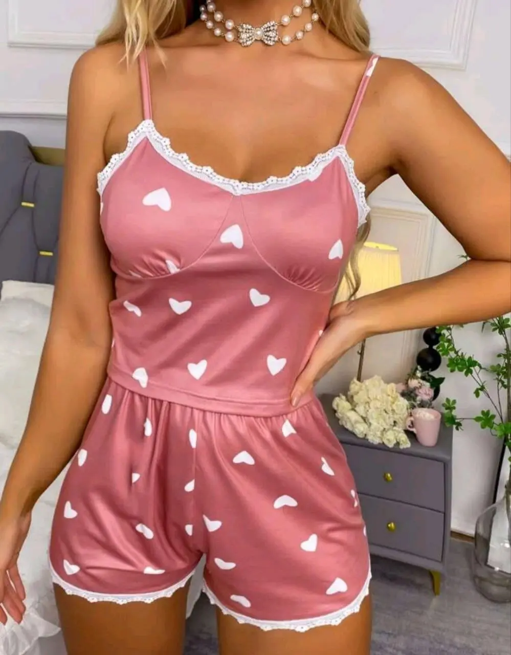 Kadın Pudra Kalp Desenli Seksi Gecelik Takım 5019