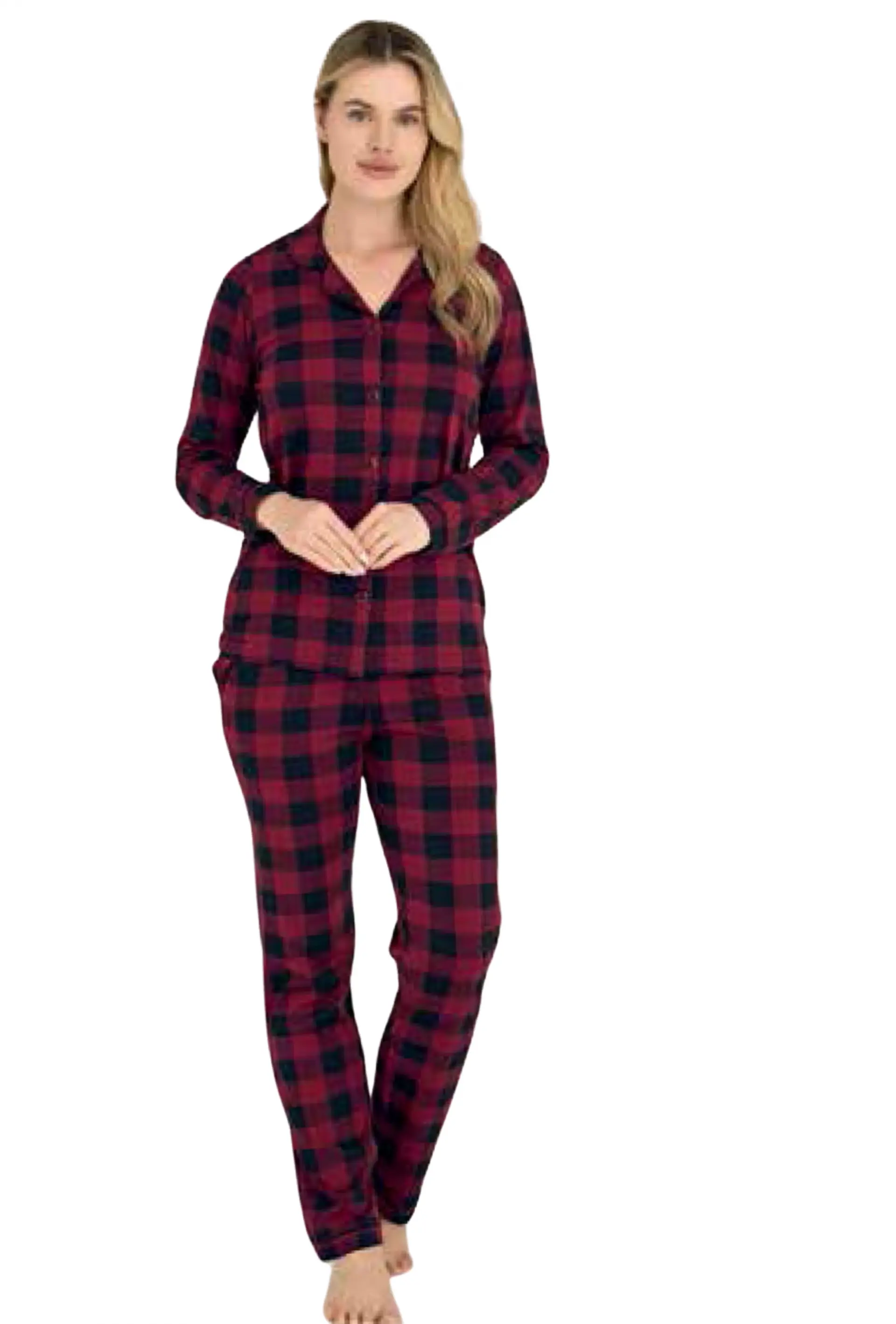 KLY Kadın Kareli Önden Düğmeli Mürdüm Kışlık Pijama 9205